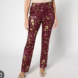 NEW Isaac Mizrahi Burgundy Floral Women's Straight Leg Pants